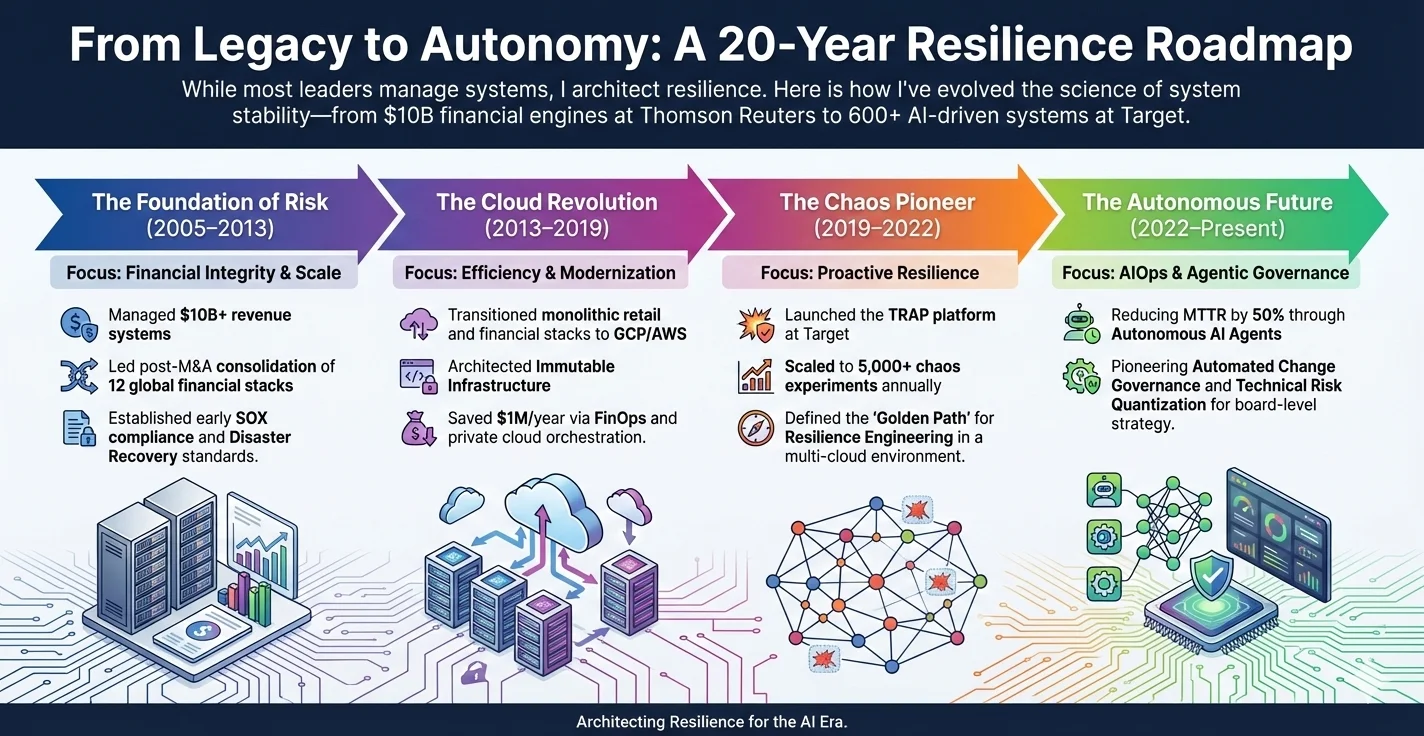 Jason Doffing's 20-year resilience engineering timeline showing evolution from Foundation of Risk (2005-2013) through Cloud Revolution (2013-2019) to Chaos Pioneer (2019-2022) and Autonomous Future (2022-Present)