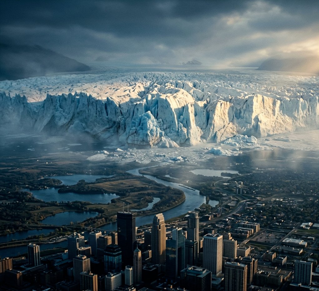 A massive glacier looms over a modern city skyline, representing the approaching Digital Ice Age