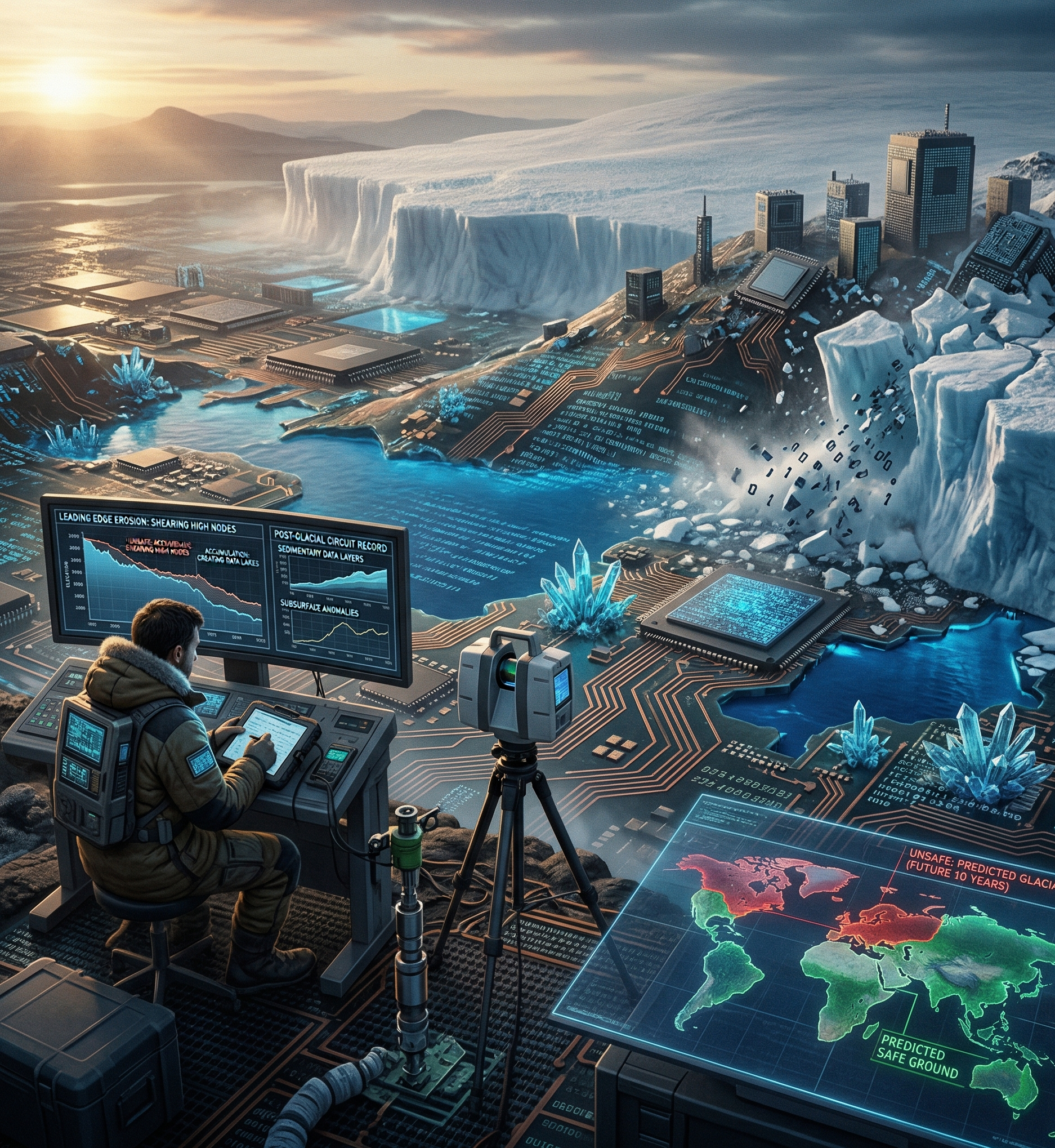 Diagram showing the five dimensions of Digital Ice Age: The Leading Edge, Foreknowledge, Post-Glacial Landscape, Rock Record, and Predictive Grounding