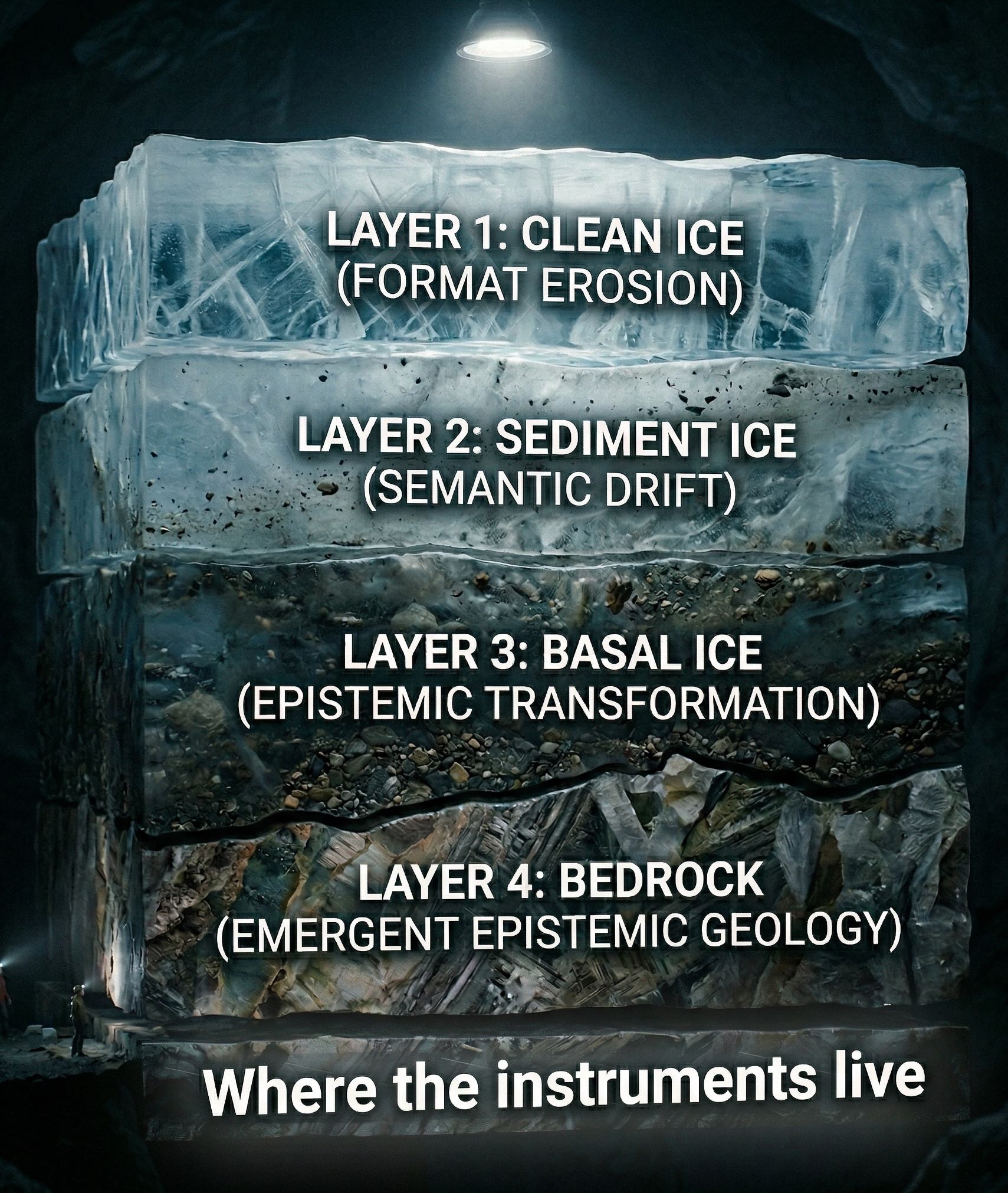 Diagram showing the four stages of Digital Glacification: Format Erosion, Semantic Drift, Epistemic Transformation, and Emergent Epistemic Geology