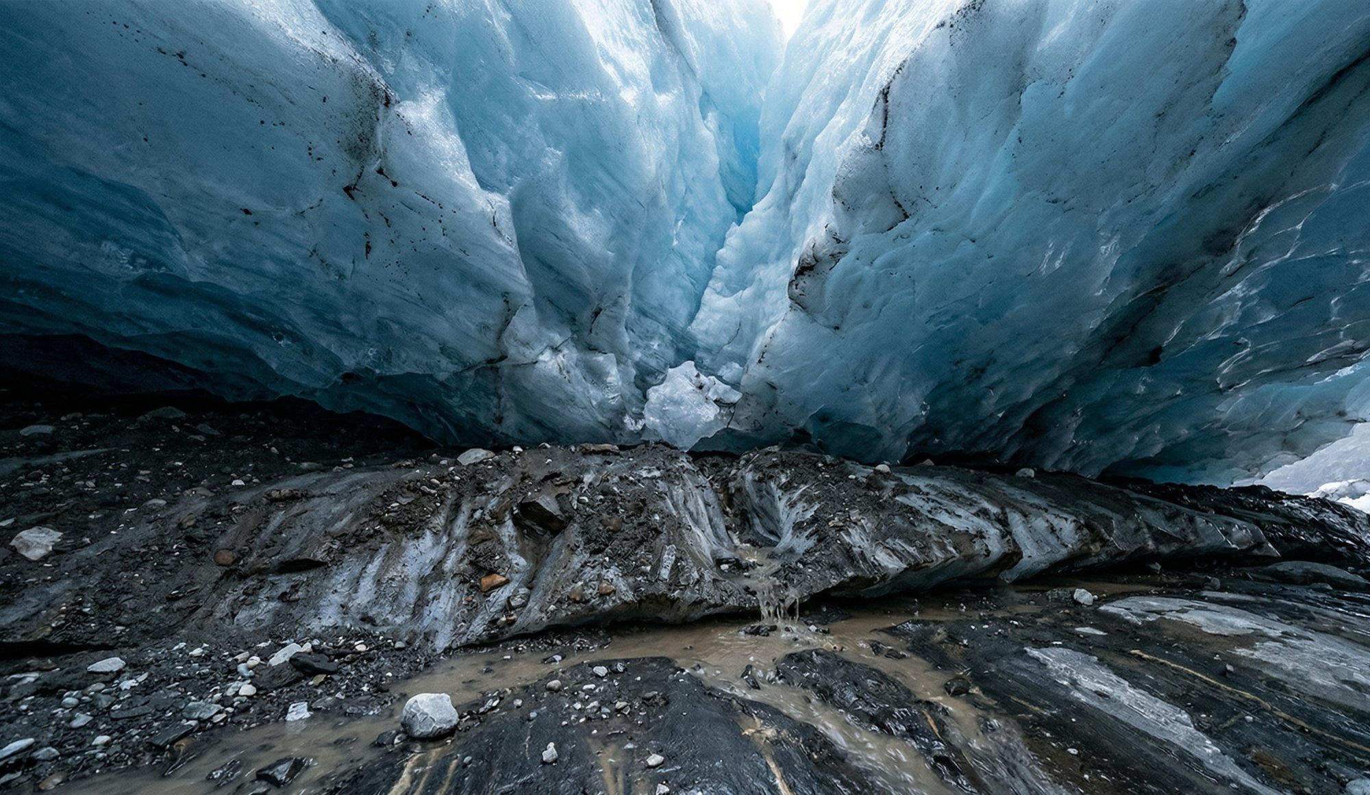 The view from beneath a glacier—ice pressing down on scarred bedrock, meltwater carrying away dissolved remains